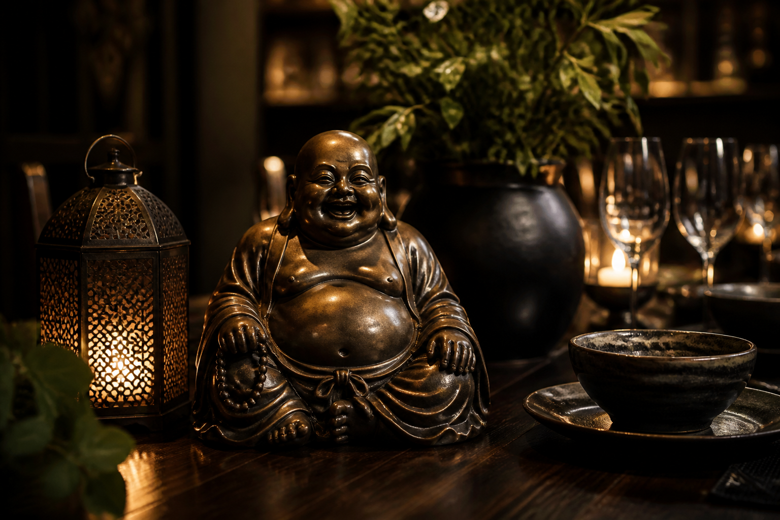 Candlelit private dining table with laughing Buddha